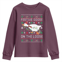 Funny Goose Ugly Christmas Youth Sweatshirt Festive Goose On The Loose - Wonder Print Shop