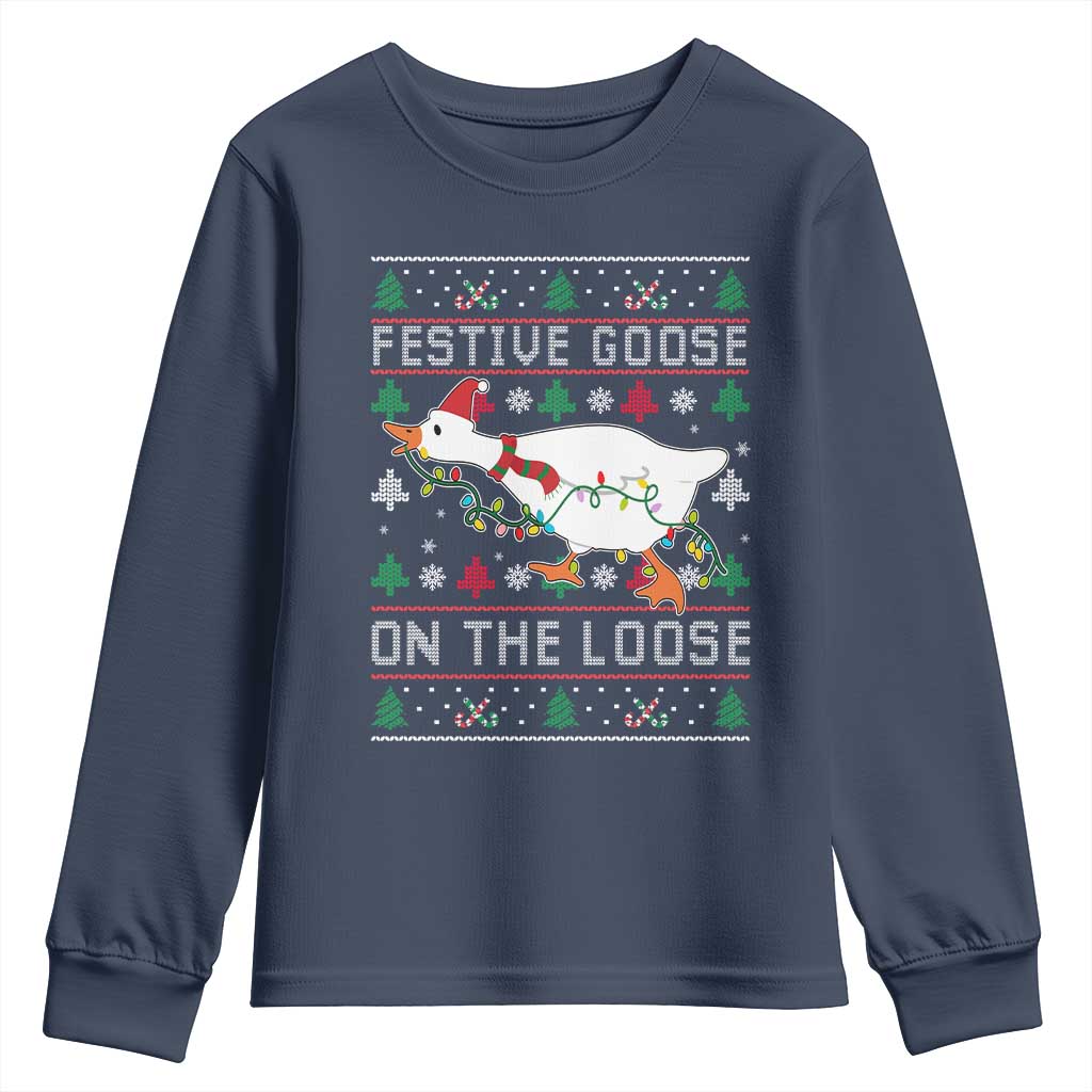Funny Goose Ugly Christmas Youth Sweatshirt Festive Goose On The Loose - Wonder Print Shop