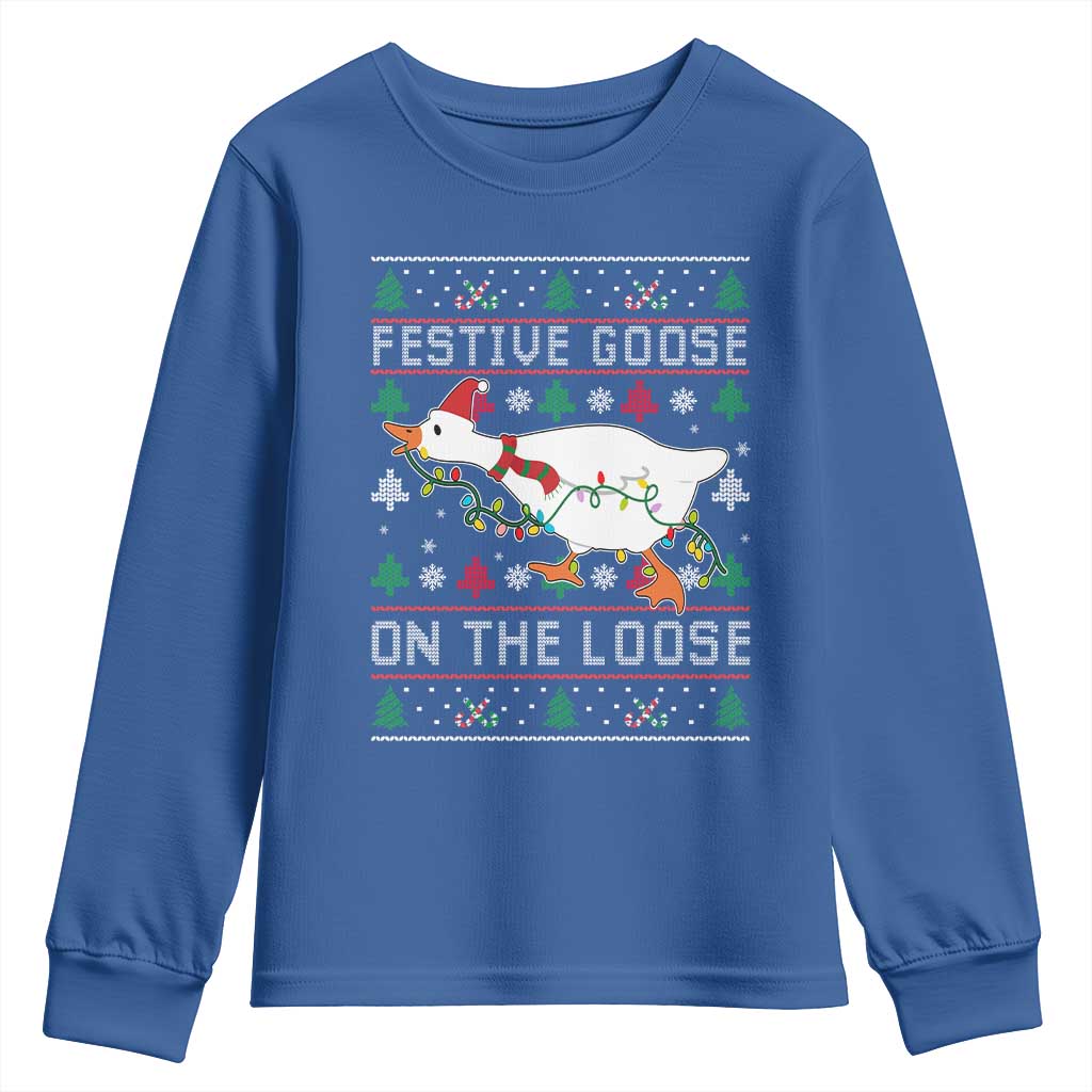 Funny Goose Ugly Christmas Youth Sweatshirt Festive Goose On The Loose - Wonder Print Shop