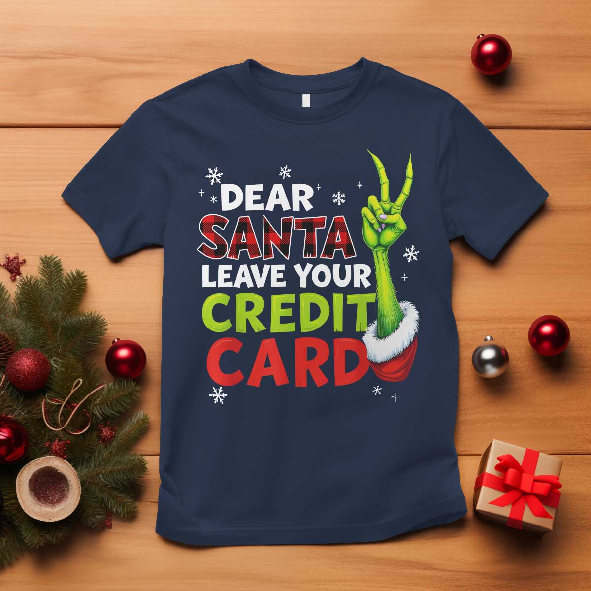 Funny Christmas T Shirt Dear Santa Leave Your Credit Card Red Plaid Pajamas - Wonder Print Shop