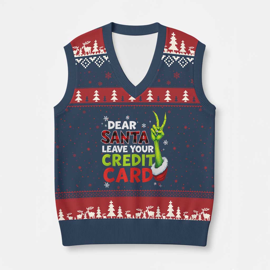 Funny Xmas V-Neck Knit Sweater Vest Dear Santa Leave Your Credit Card Red Plaid Pajamas - Wonder Print Shop