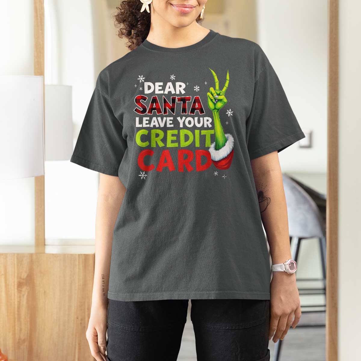 Funny Christmas T Shirt For Women Dear Santa Leave Your Credit Card Red Plaid Pajamas - Wonder Print Shop
