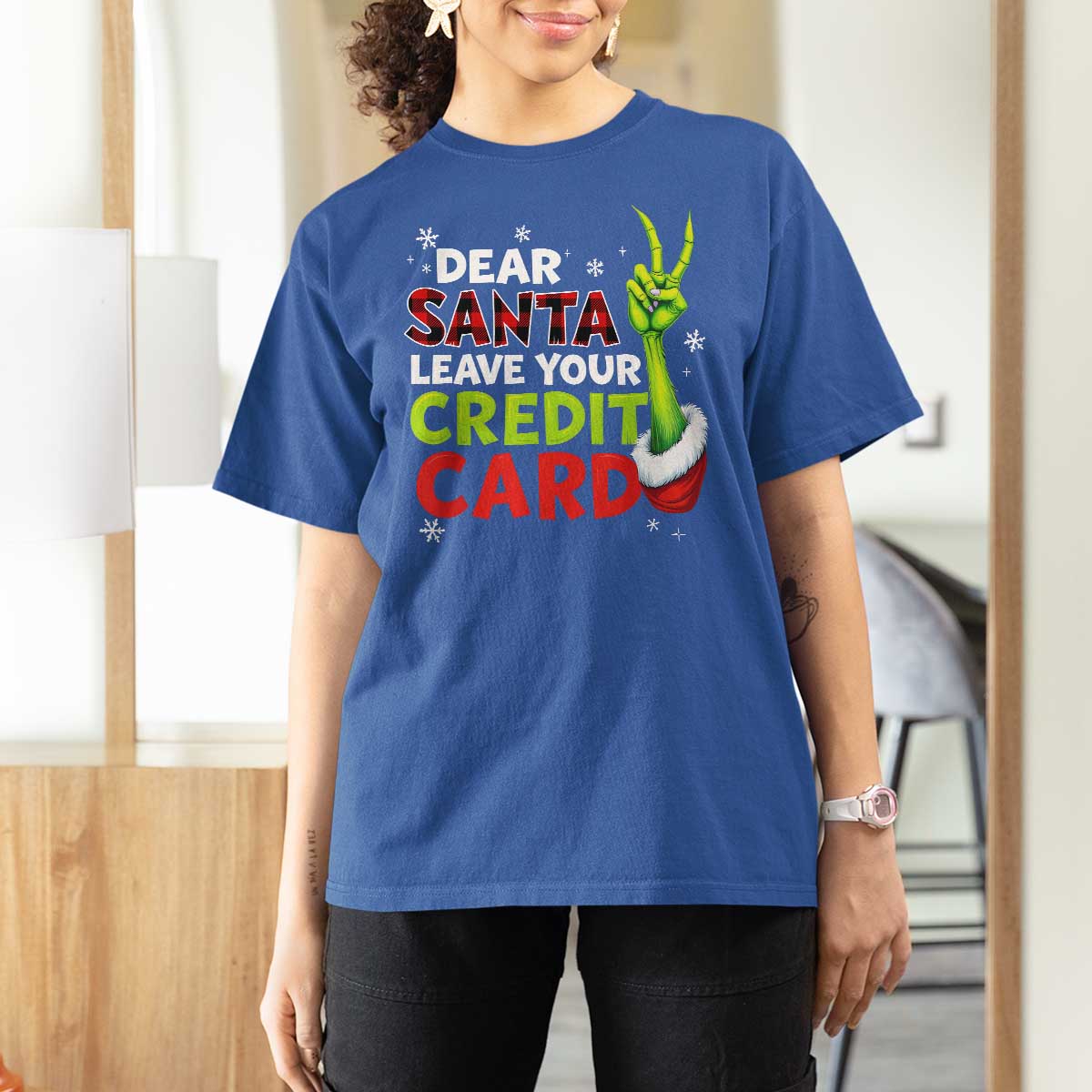 Funny Christmas T Shirt For Women Dear Santa Leave Your Credit Card Red Plaid Pajamas - Wonder Print Shop