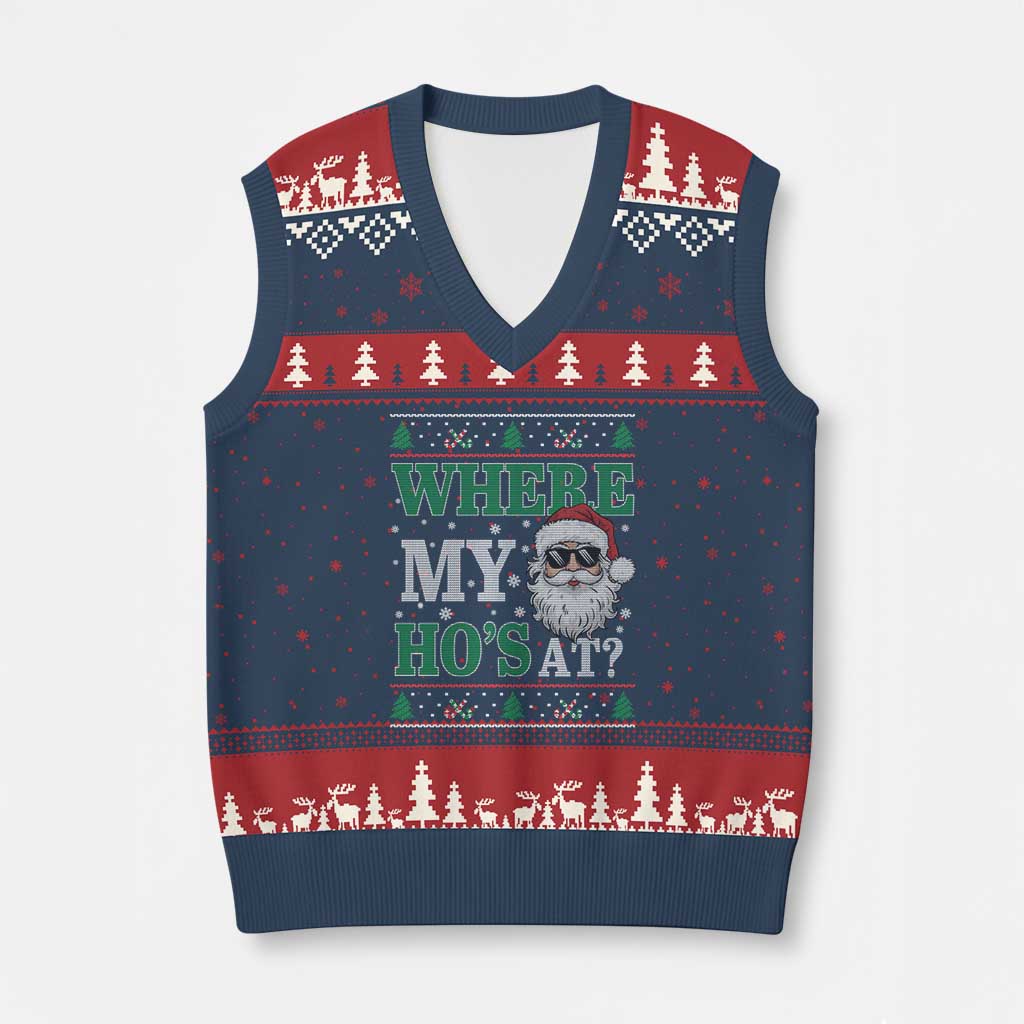 Where's My Ho At Matching Ugly Xmas V-Neck Knit Sweater Vest Santa Funny Couples - Wonder Print Shop