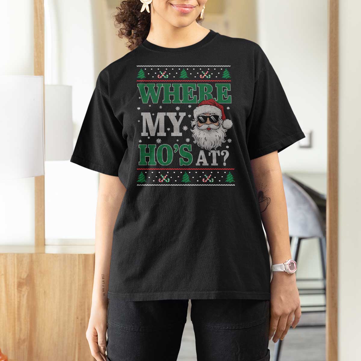 Where's My Ho At Matching Ugly Christmas T Shirt For Women Santa Funny Couples - Wonder Print Shop
