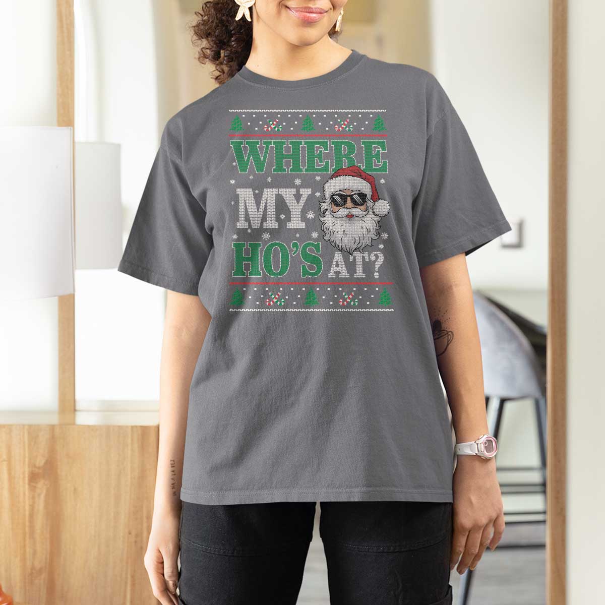 Where's My Ho At Matching Ugly Christmas T Shirt For Women Santa Funny Couples - Wonder Print Shop