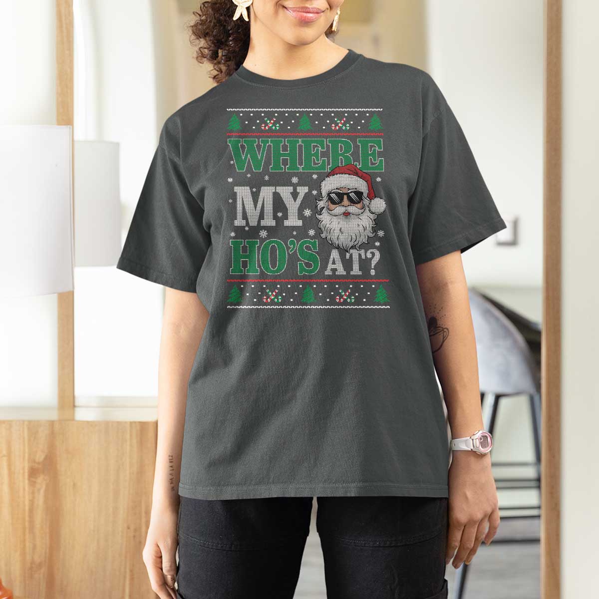 Where's My Ho At Matching Ugly Christmas T Shirt For Women Santa Funny Couples - Wonder Print Shop