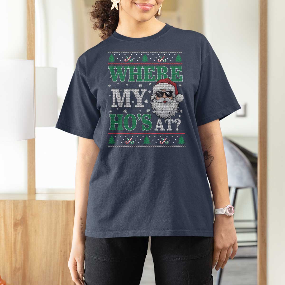 Where's My Ho At Matching Ugly Christmas T Shirt For Women Santa Funny Couples - Wonder Print Shop