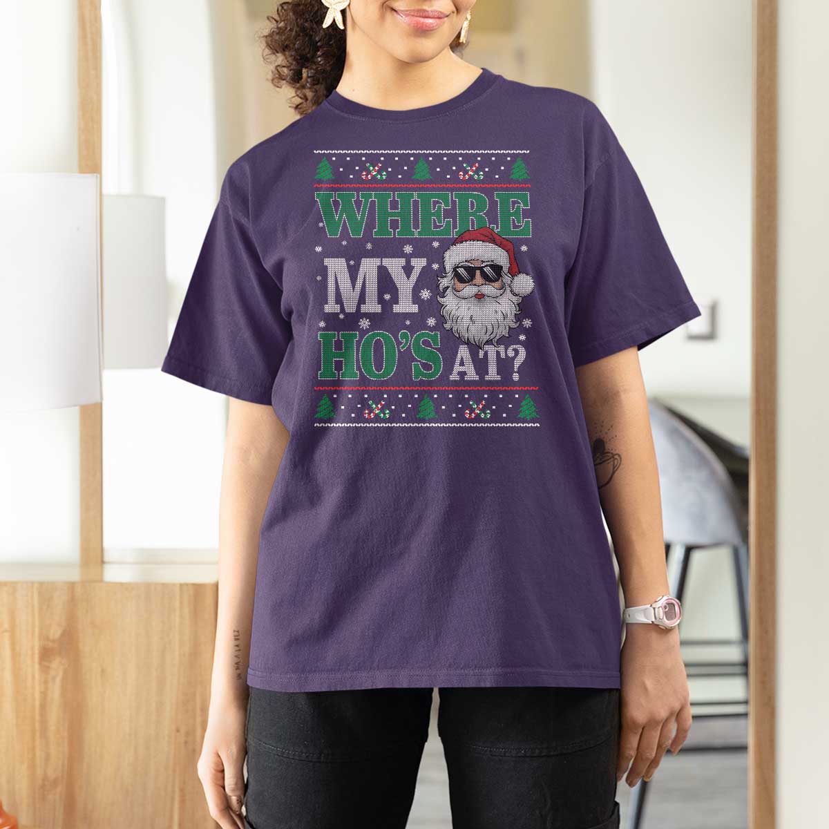 Where's My Ho At Matching Ugly Christmas T Shirt For Women Santa Funny Couples - Wonder Print Shop
