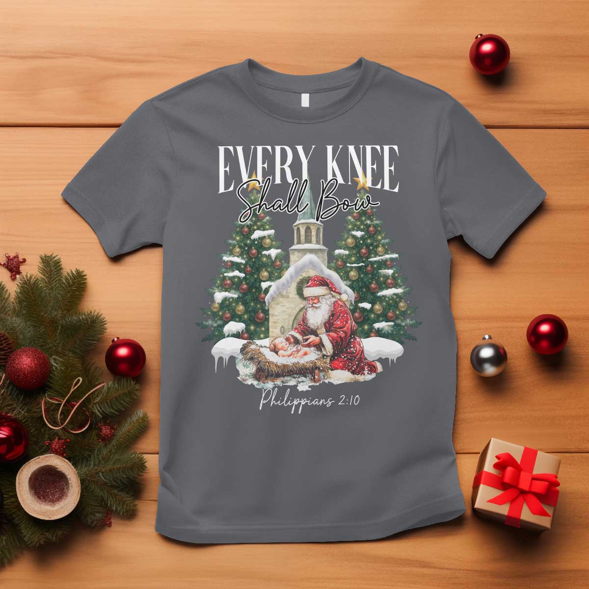 Every Knee Shall Bow T Shirt Nativity Scene Santa and Baby Jesus Christmas - Wonder Print Shop