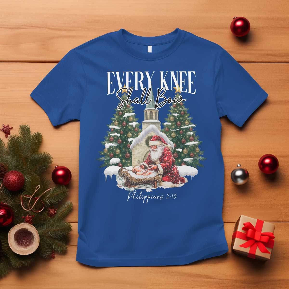 Every Knee Shall Bow T Shirt Nativity Scene Santa and Baby Jesus Christmas - Wonder Print Shop