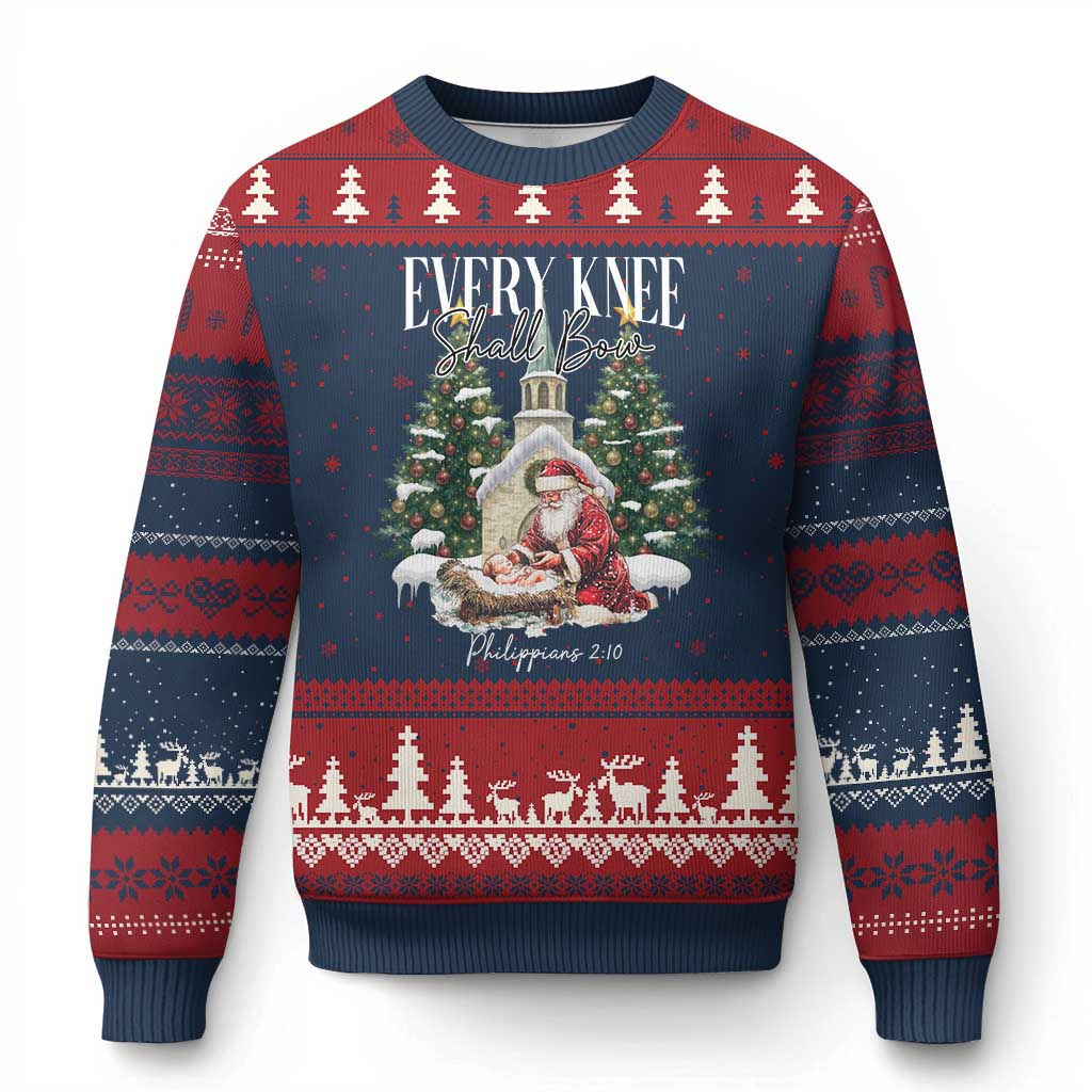 Every Knee Shall Bow Ugly Christmas Sweater Nativity Scene Santa and Baby Jesus Xmas - Wonder Print Shop