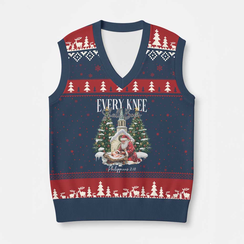 Every Knee Shall Bow V-Neck Knit Sweater Vest Nativity Scene Santa and Baby Jesus Xmas - Wonder Print Shop
