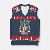 Every Knee Shall Bow V-Neck Knit Sweater Vest Nativity Scene Santa and Baby Jesus Xmas - Wonder Print Shop