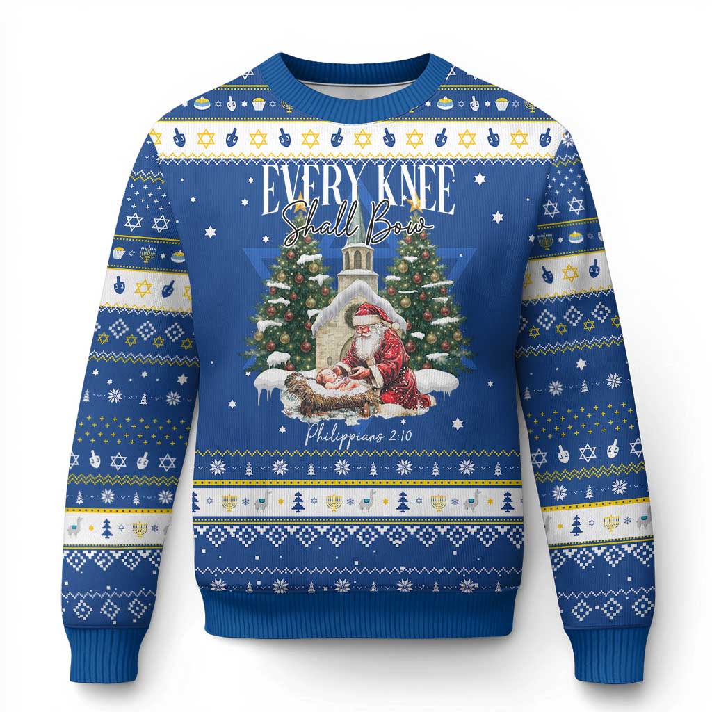 Every Knee Shall Bow Hanukkah Ugly Sweater Nativity Scene Santa and Baby Jesus Christmas - Wonder Print Shop