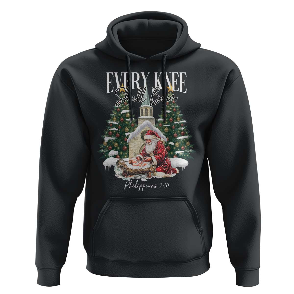 Every Knee Shall Bow Hoodie Nativity Scene Santa and Baby Jesus Christmas - Wonder Print Shop