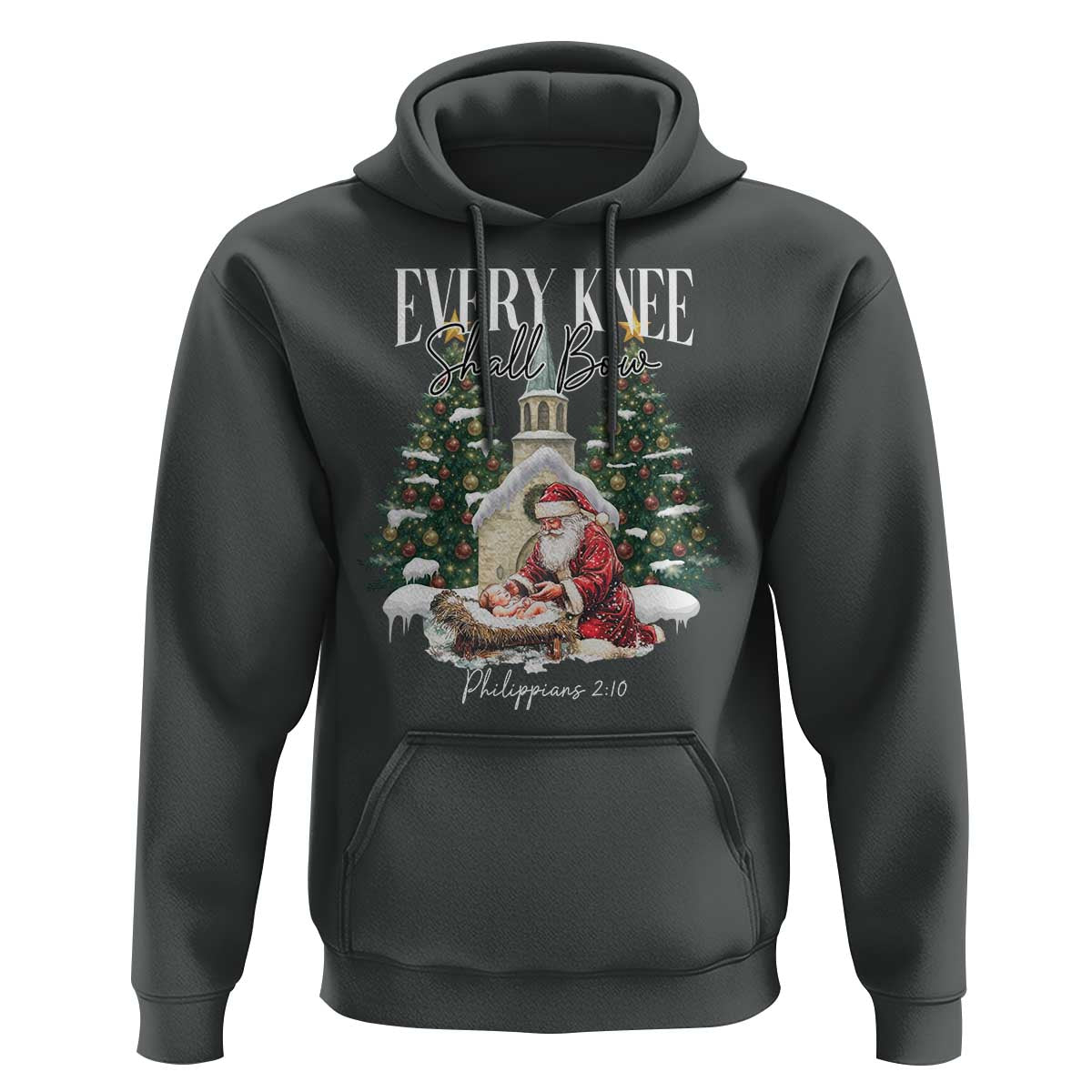 Every Knee Shall Bow Hoodie Nativity Scene Santa and Baby Jesus Christmas - Wonder Print Shop