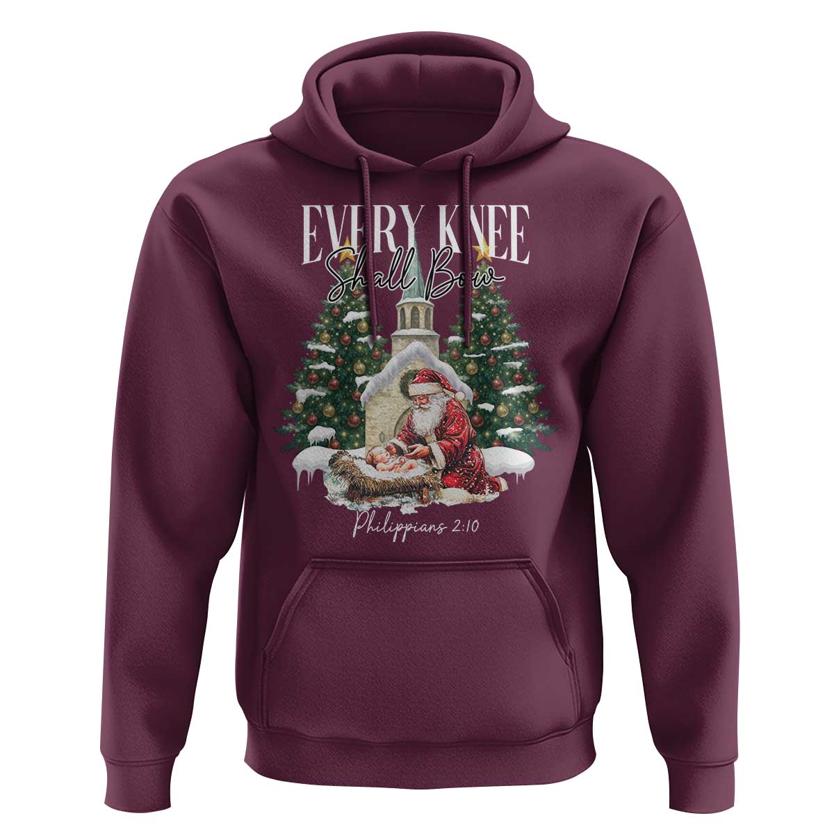 Every Knee Shall Bow Hoodie Nativity Scene Santa and Baby Jesus Christmas - Wonder Print Shop