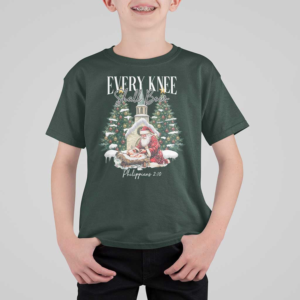 Every Knee Shall Bow T Shirt For Kid Nativity Scene Santa and Baby Jesus Christmas - Wonder Print Shop