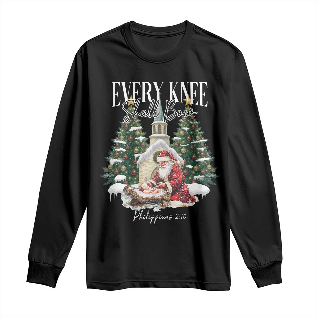 Every Knee Shall Bow Long Sleeve Shirt Nativity Scene Santa and Baby Jesus Christmas - Wonder Print Shop