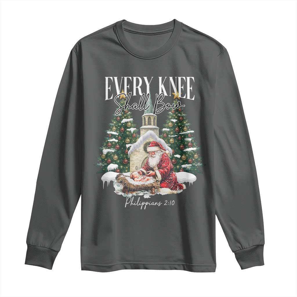 Every Knee Shall Bow Long Sleeve Shirt Nativity Scene Santa and Baby Jesus Christmas - Wonder Print Shop