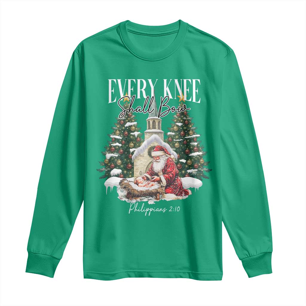 Every Knee Shall Bow Long Sleeve Shirt Nativity Scene Santa and Baby Jesus Christmas - Wonder Print Shop