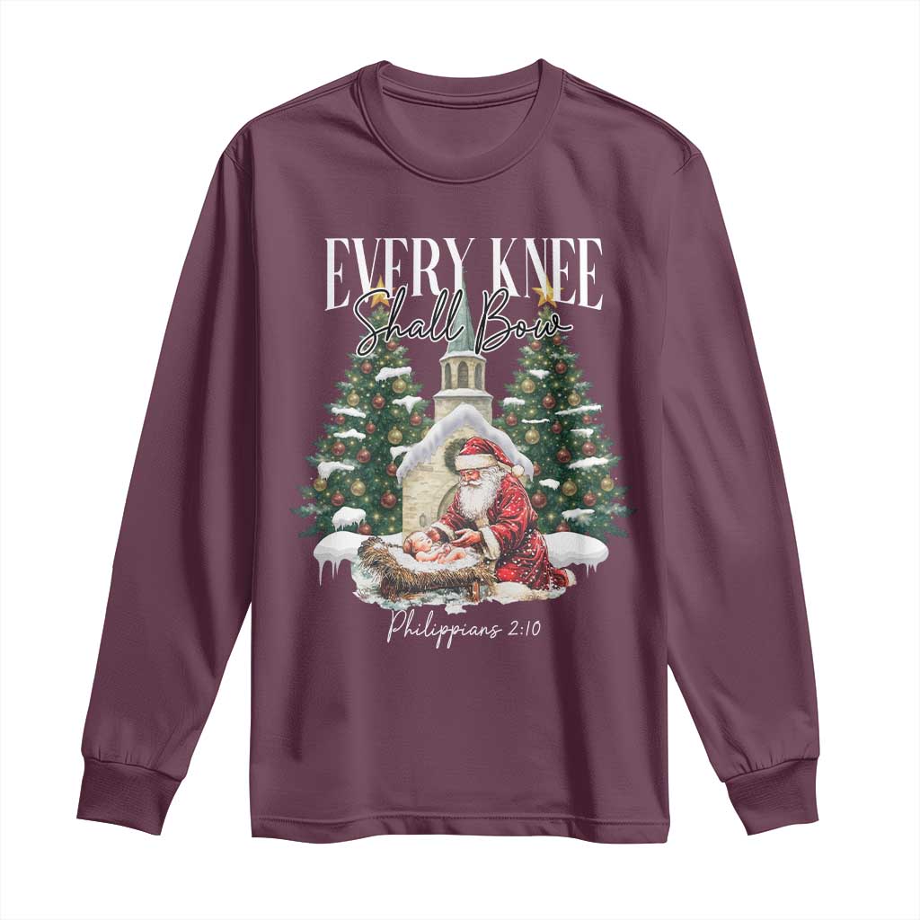 Every Knee Shall Bow Long Sleeve Shirt Nativity Scene Santa and Baby Jesus Christmas - Wonder Print Shop