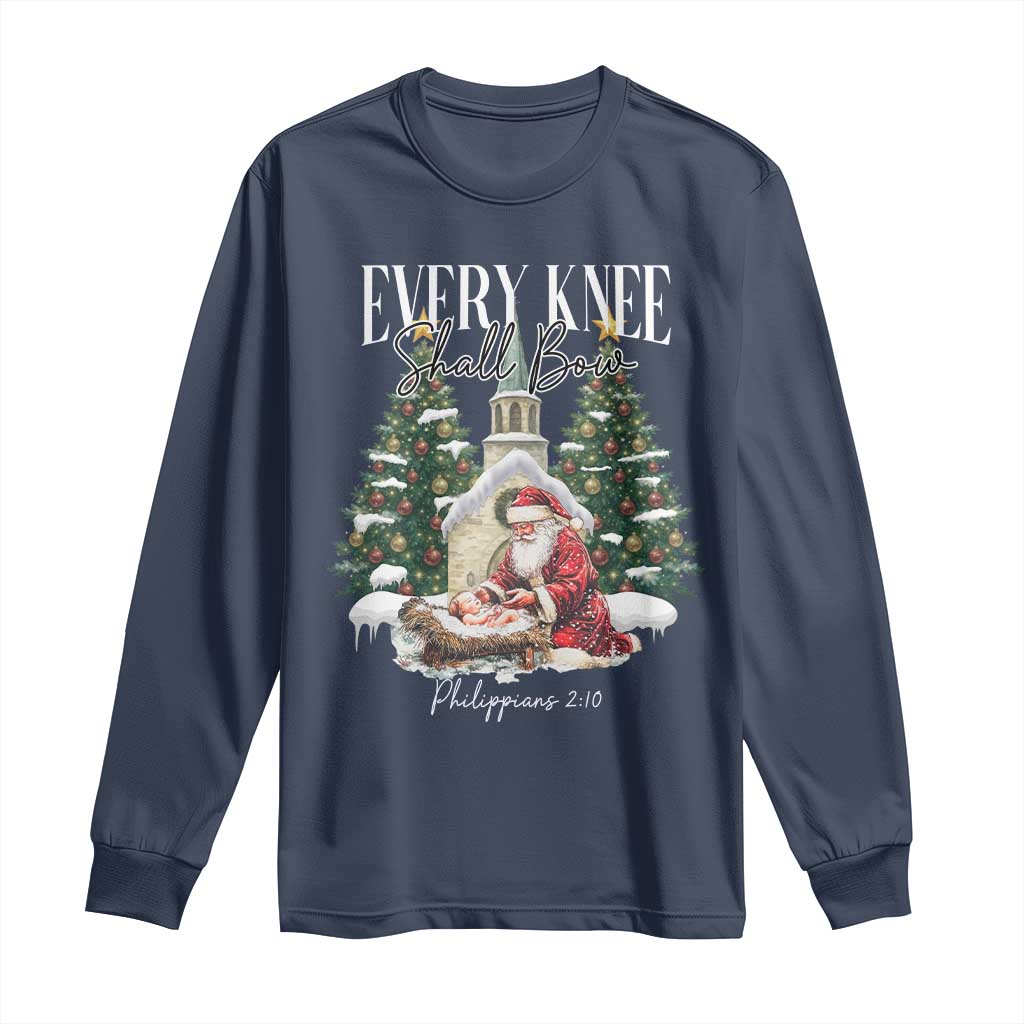 Every Knee Shall Bow Long Sleeve Shirt Nativity Scene Santa and Baby Jesus Christmas - Wonder Print Shop