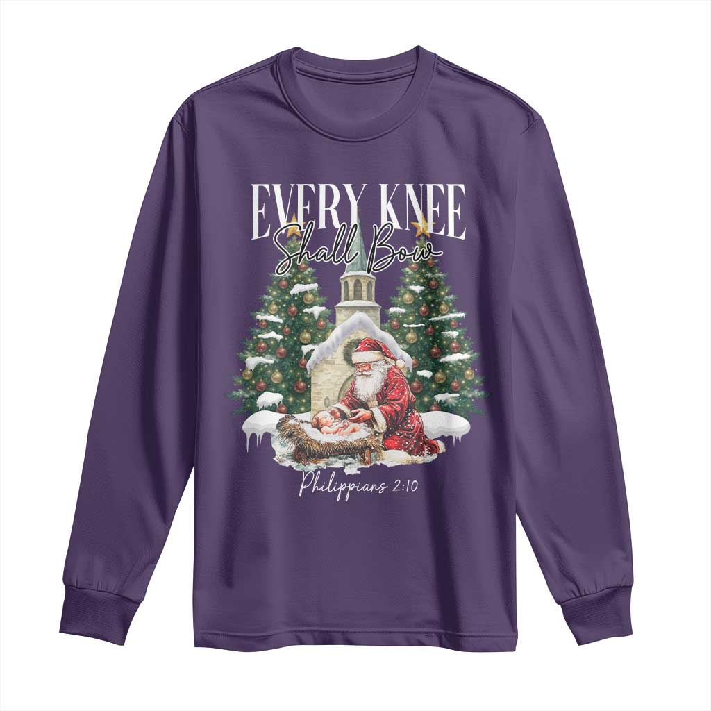 Every Knee Shall Bow Long Sleeve Shirt Nativity Scene Santa and Baby Jesus Christmas - Wonder Print Shop