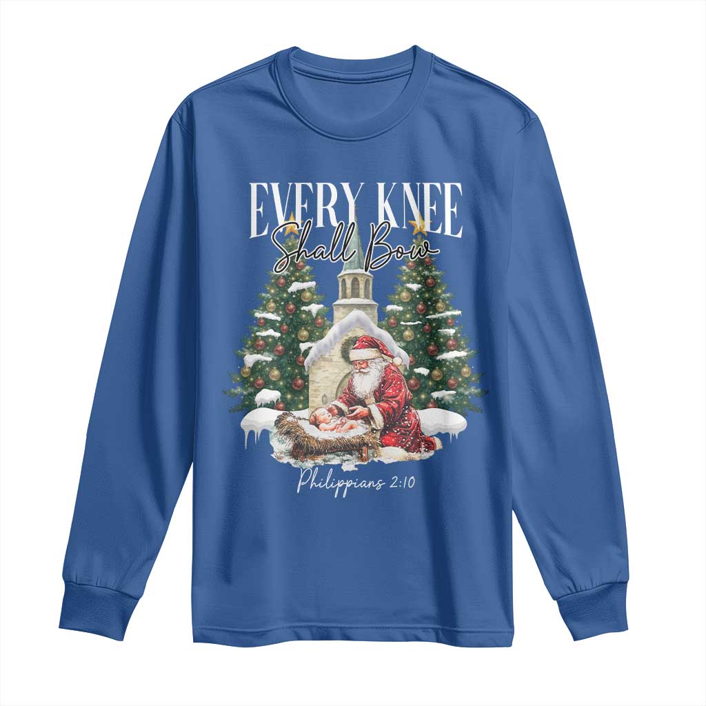 Every Knee Shall Bow Long Sleeve Shirt Nativity Scene Santa and Baby Jesus Christmas - Wonder Print Shop