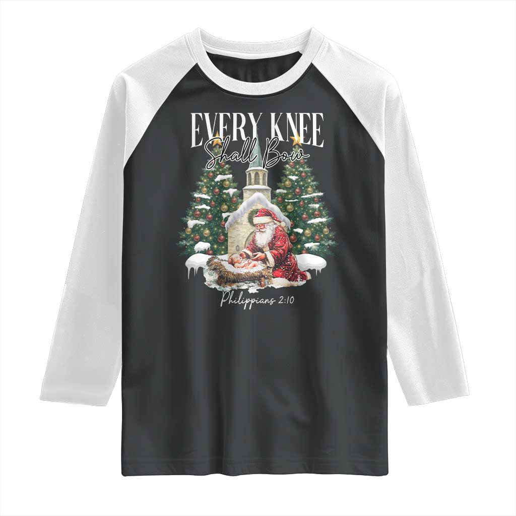 Every Knee Shall Bow Raglan Shirt Nativity Scene Santa and Baby Jesus Christmas - Wonder Print Shop