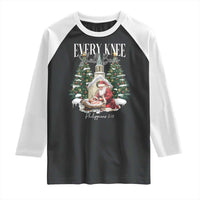 Every Knee Shall Bow Raglan Shirt Nativity Scene Santa and Baby Jesus Christmas - Wonder Print Shop