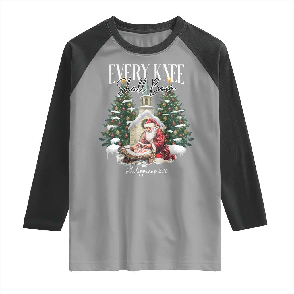 Every Knee Shall Bow Raglan Shirt Nativity Scene Santa and Baby Jesus Christmas - Wonder Print Shop
