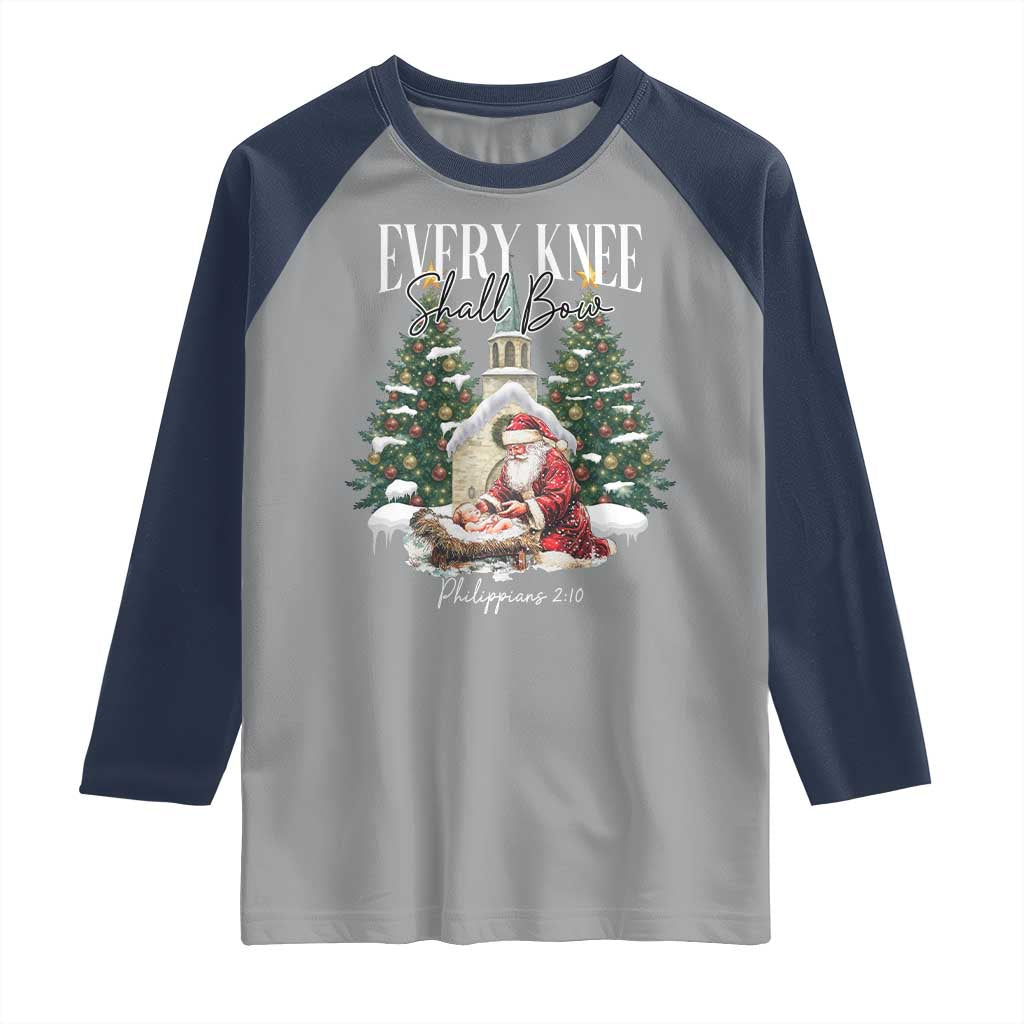 Every Knee Shall Bow Raglan Shirt Nativity Scene Santa and Baby Jesus Christmas - Wonder Print Shop