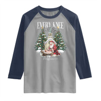 Every Knee Shall Bow Raglan Shirt Nativity Scene Santa and Baby Jesus Christmas - Wonder Print Shop