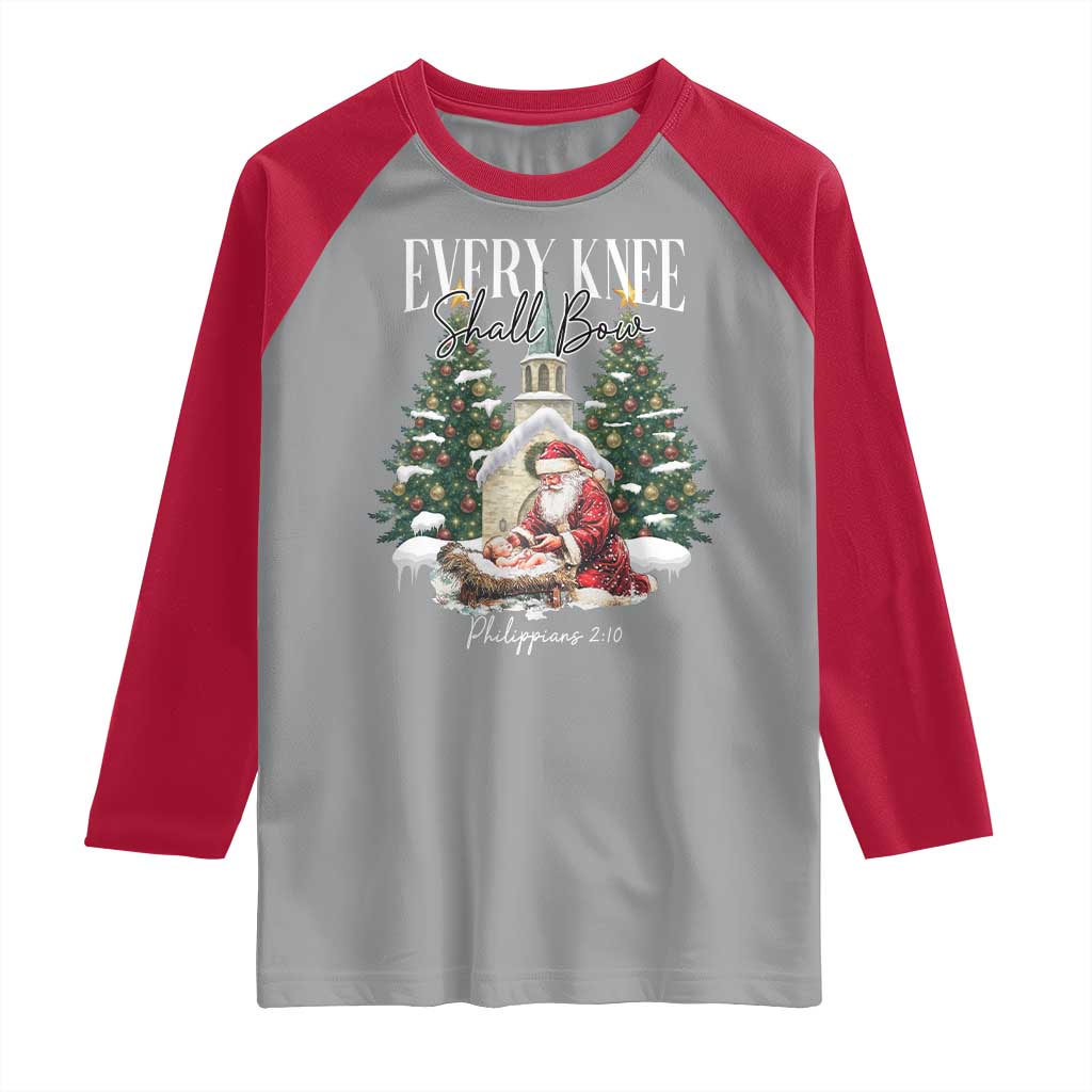 Every Knee Shall Bow Raglan Shirt Nativity Scene Santa and Baby Jesus Christmas - Wonder Print Shop