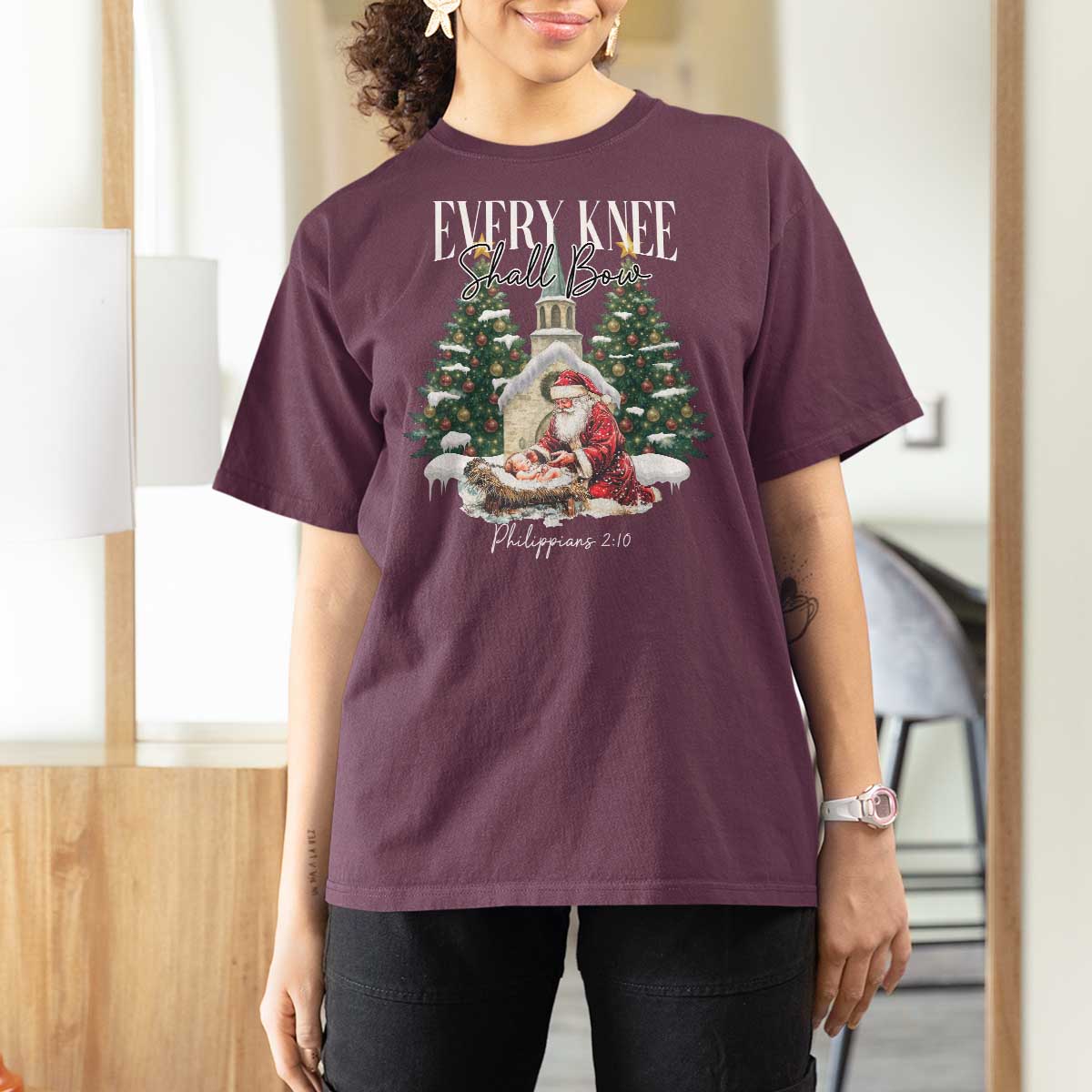 Every Knee Shall Bow T Shirt For Women Nativity Scene Santa and Baby Jesus Christmas - Wonder Print Shop