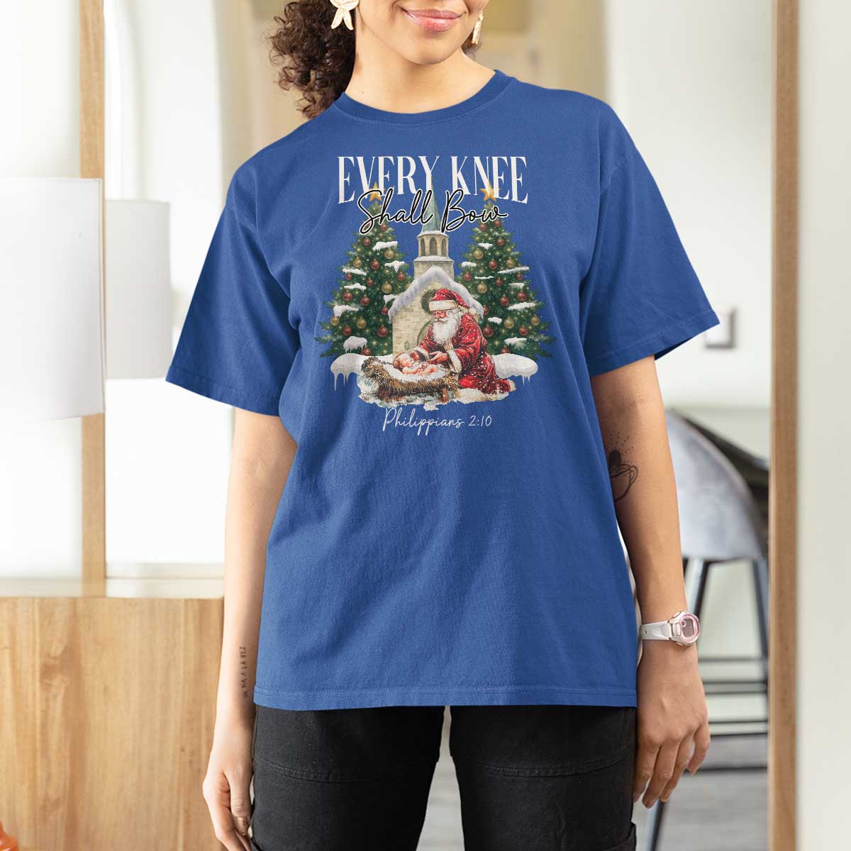 Every Knee Shall Bow T Shirt For Women Nativity Scene Santa and Baby Jesus Christmas - Wonder Print Shop