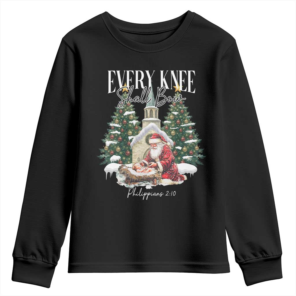 Every Knee Shall Bow Youth Sweatshirt Nativity Scene Santa and Baby Jesus Christmas - Wonder Print Shop