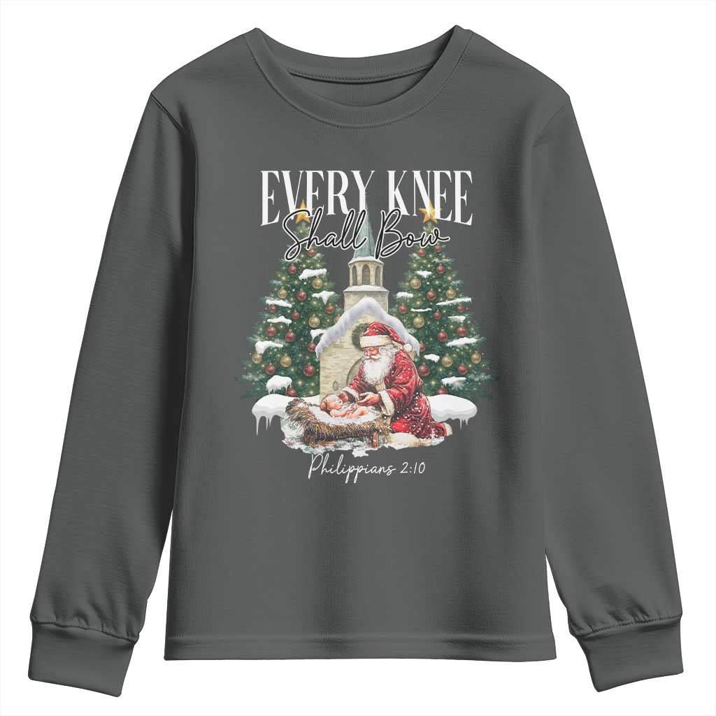Every Knee Shall Bow Youth Sweatshirt Nativity Scene Santa and Baby Jesus Christmas - Wonder Print Shop