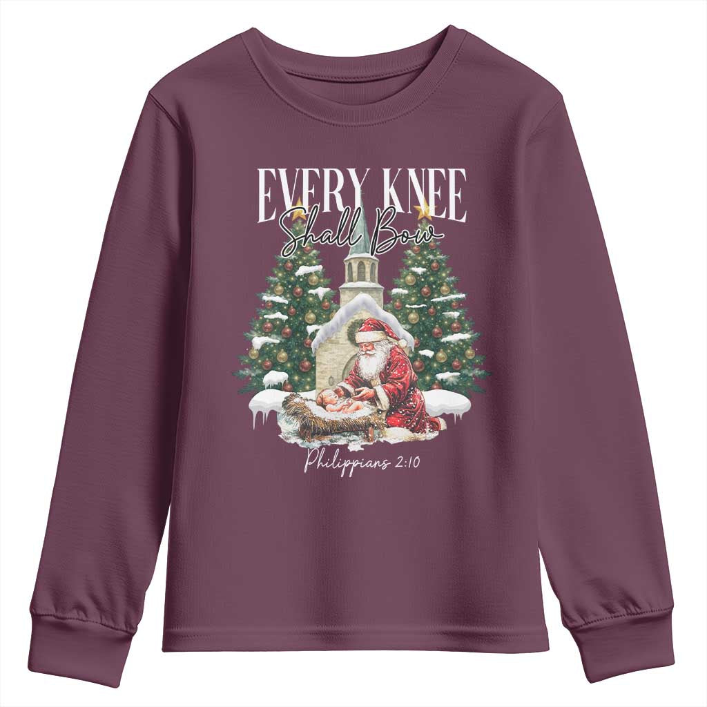 Every Knee Shall Bow Youth Sweatshirt Nativity Scene Santa and Baby Jesus Christmas - Wonder Print Shop