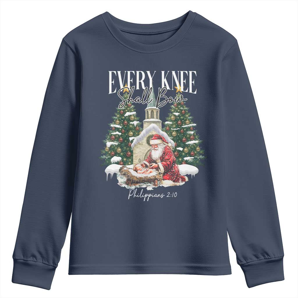 Every Knee Shall Bow Youth Sweatshirt Nativity Scene Santa and Baby Jesus Christmas - Wonder Print Shop