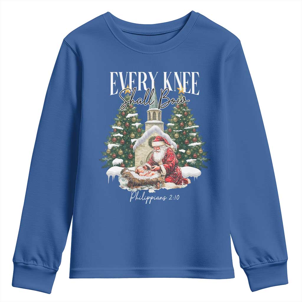Every Knee Shall Bow Youth Sweatshirt Nativity Scene Santa and Baby Jesus Christmas - Wonder Print Shop