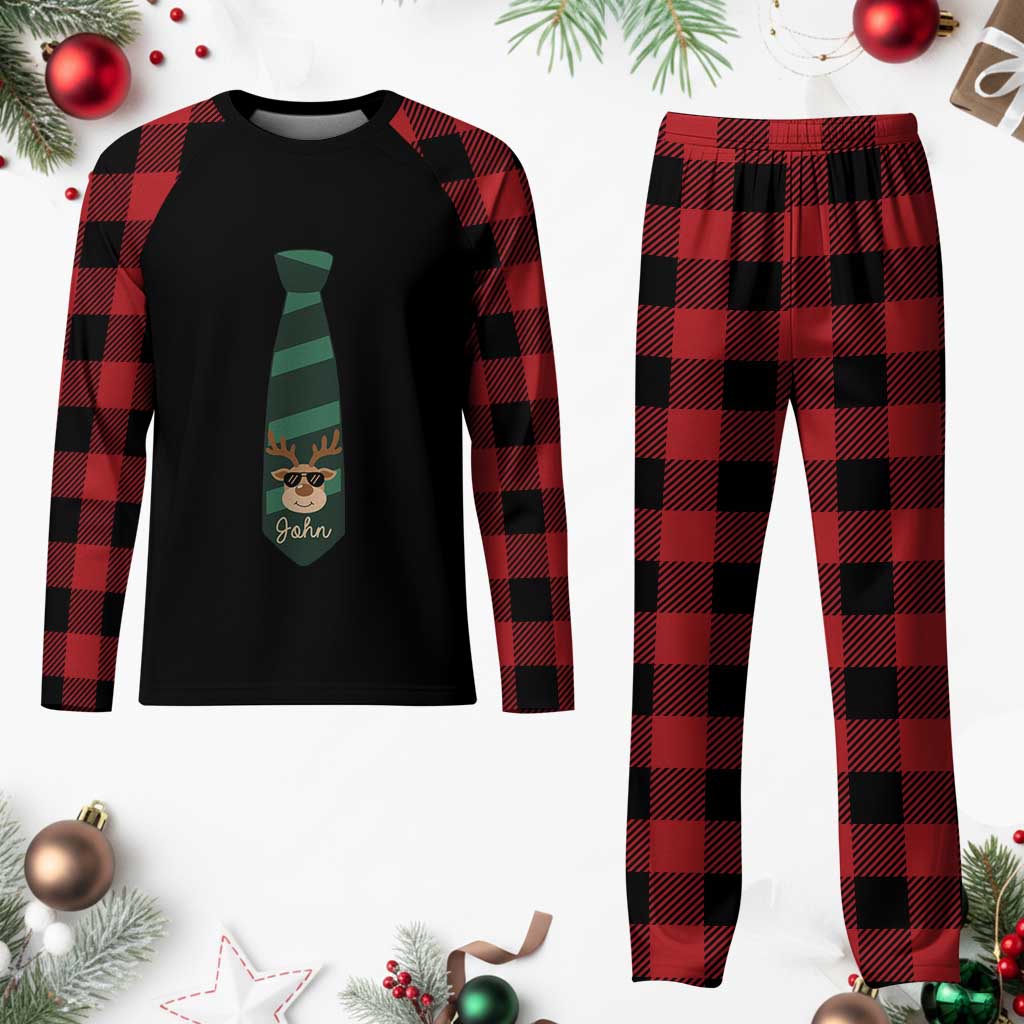 Personalized Funny Plaid Pajama Set Tie With Reindeer For Family Matching Custom Name Ugly Gift - Wonder Print Shop