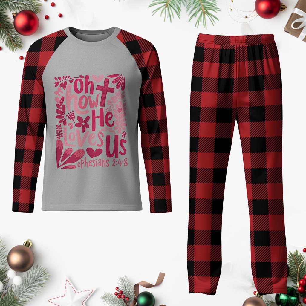 Oh how He Loves Us Plaid Pajama Set Boho Christian Valentine - Wonder Print Shop