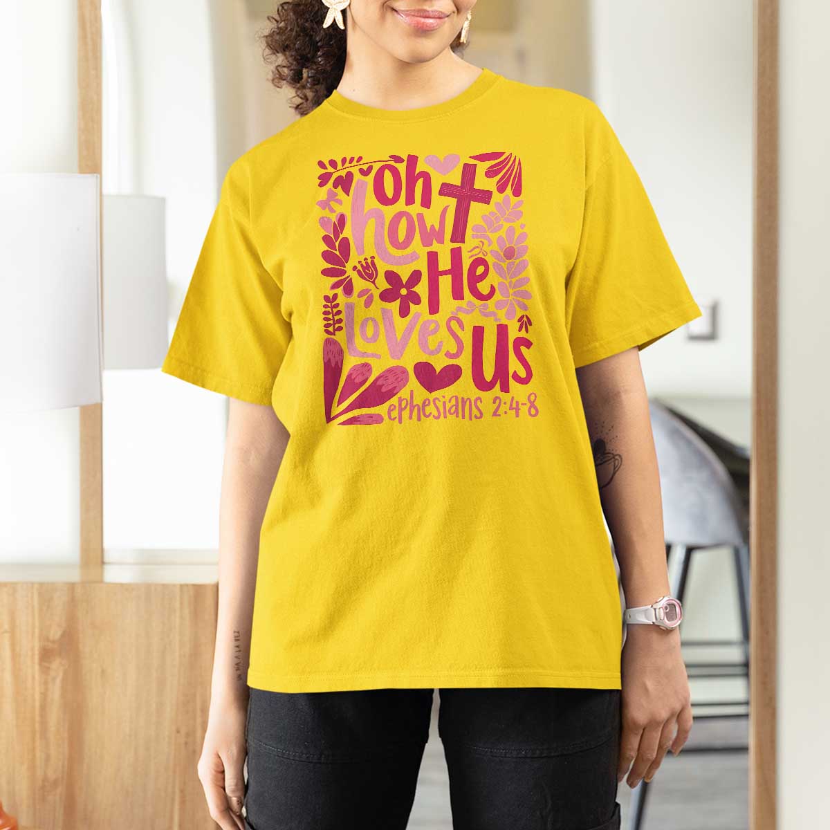 Oh how He Loves Us T Shirt For Women Boho Christian Valentine - Wonder Print Shop