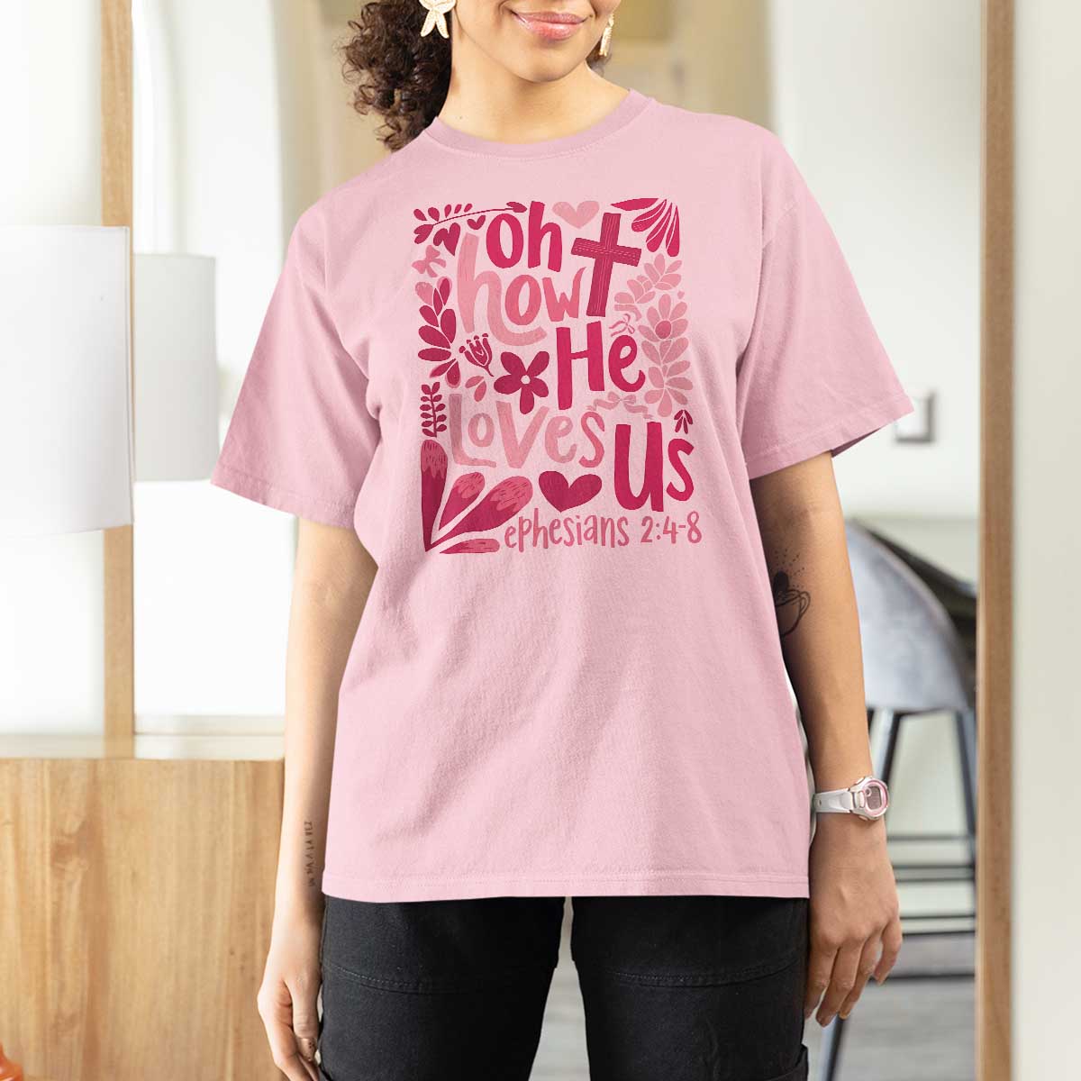 Oh how He Loves Us T Shirt For Women Boho Christian Valentine - Wonder Print Shop