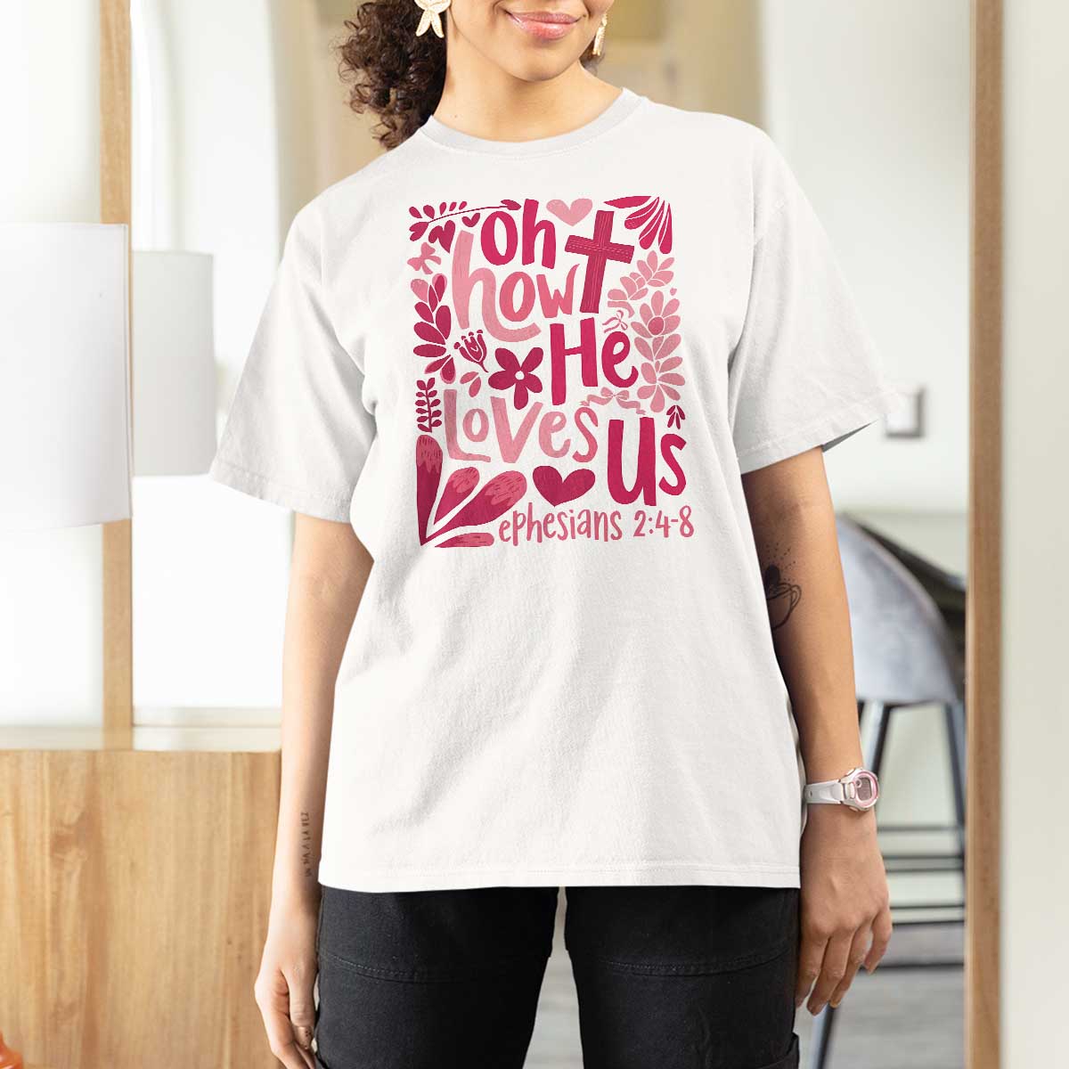 Oh how He Loves Us T Shirt For Women Boho Christian Valentine - Wonder Print Shop