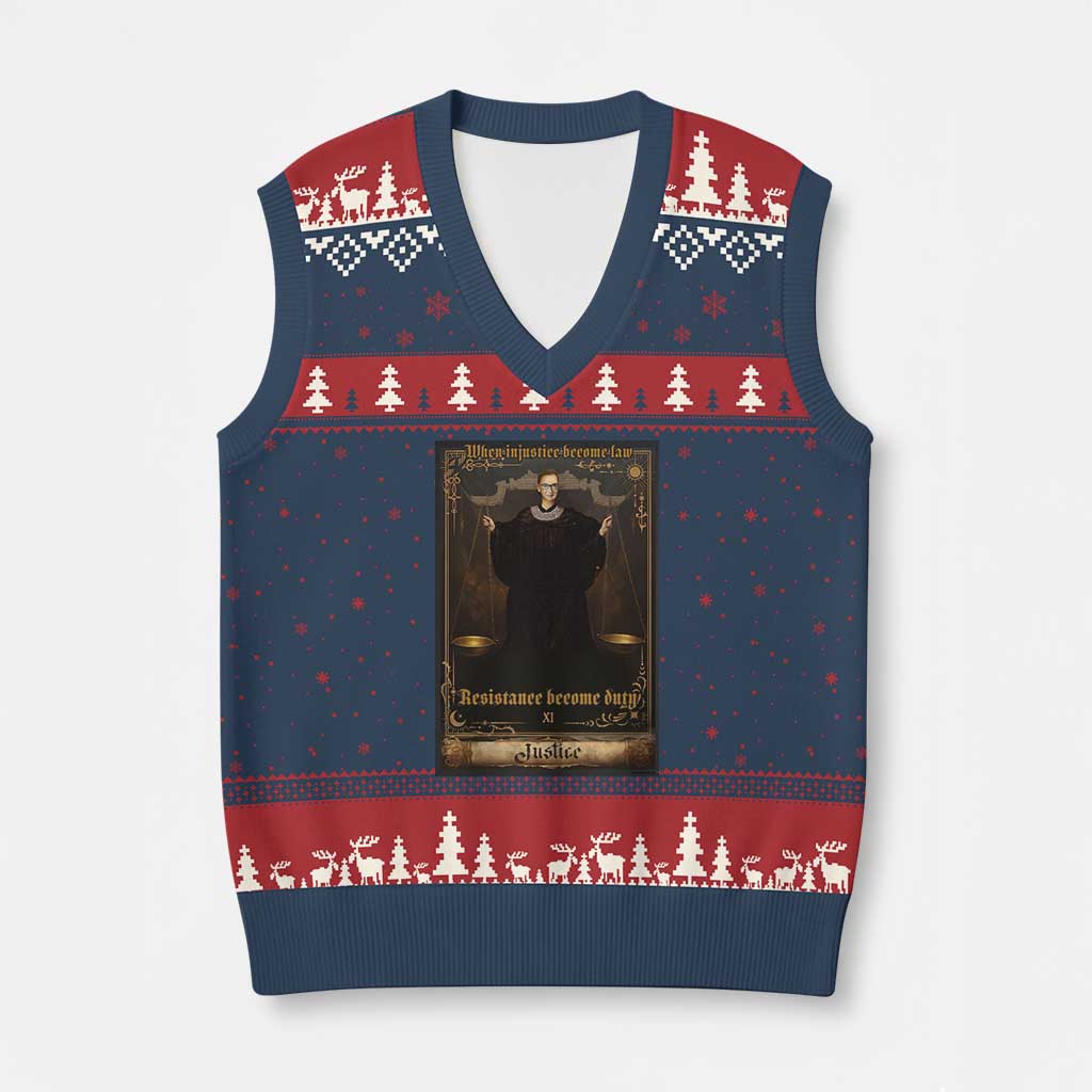 Tarot Card RBG V-Neck Knit Sweater Vest When Injustice Becomes Law Resistance Becomes Duty - Wonder Print Shop