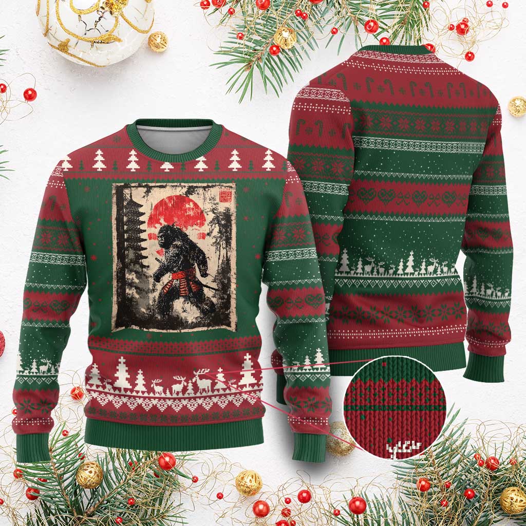 Samurai Bigfoot Ugly Christmas Sweater Japanese Vintage Sasquatch Graphic Ukiyo-e Art Funny - Wonder Print Shop